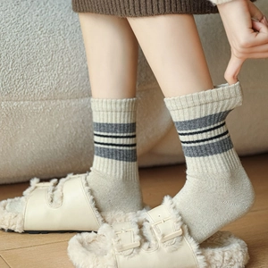 Cozy wool blend striped crew socks for women in beige and grey with soft knit texture