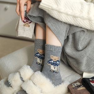 Thick wool blend mid-calf socks with cute embroidered bear and colorful dot yarn