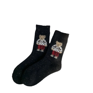 Winter wool socks for women featuring cute teddy bear embroidery and colorful flecks