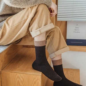 Detail of wool blend thick ribbed socks with contrast cuff in earthy brown and beige