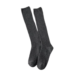 Dark grey chunky knit knee-high socks for women with textured ribbed cotton blend fabric