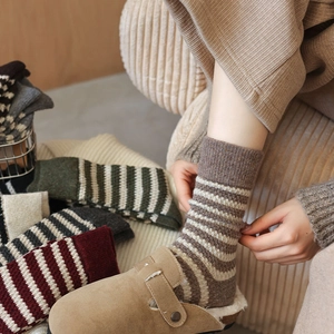 Close-up of thick knitted striped wool socks paired with brown suede slippers for winter