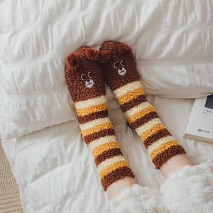 Thick coral fleece striped socks with cute 3D ears and non-slip soles for winter warmth