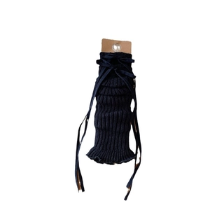 Dark blue ribbed knit leg warmers with ribbon ties in JK style for women's fashion
