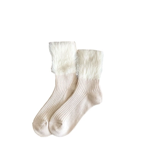 Winter faux fur trim thick knit crew socks in cream white warm ribbed cotton style