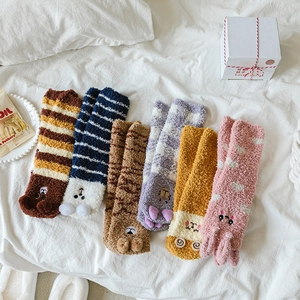 Women Fuzzy Coral Fleece Socks Thickened Warm Indoor Floor Sleeping Socks With Cartoon Animal Ears Non Slip Grippers