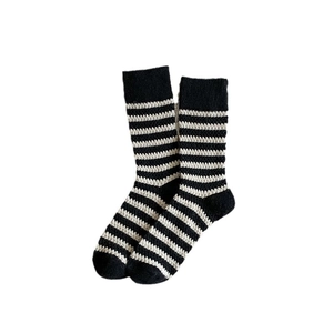 Classic black and white striped wool knit crew socks for winter warmth and comfort
