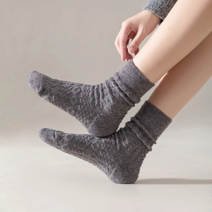 Close-up of gray wool-blend knit socks featuring 3D cable textures and ribbed cuffs