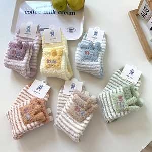 Set of 6 cute fuzzy coral fleece socks with rabbit ears and stripes in soft pastel colors