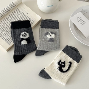 Three-pack of cute animal embroidered cotton mid-calf socks in grey and off-white tones