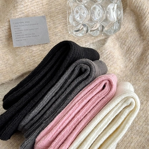 Detail view of four-color thick knit warm crew socks with cozy ribbed texture for winter