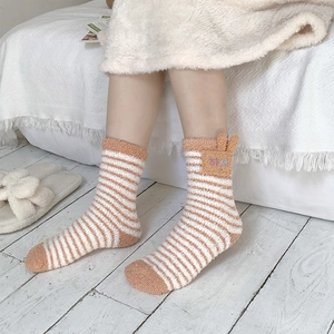 Cute coral fleece striped socks with small 3D ears, cozy and warm for home comfort
