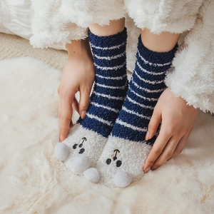 Blue striped coral fleece socks with cute 3D ears and non-slip soles for winter warmth