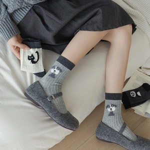 Cute Japanese style cartoon animal embroidery cotton crew socks for women in grey and white