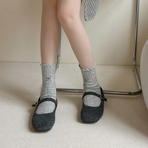 Detail of wool socks with bow embroidery and wavy ruffled cuffs paired with Mary Jane shoes