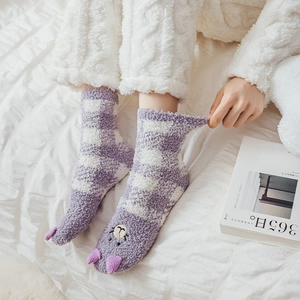 Striped coral fleece socks for women with 3D ears and cute sheep embroidery