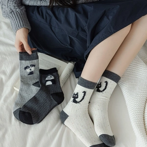 Womens Mid Tube Socks Cotton Blend Animal Panda Cat Dog Embroidery Ribbed Speckled Yarn Japanese Style Warm