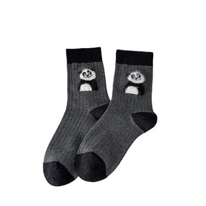 Deep grey cotton crew socks featuring cute panda embroidery and black patchwork details