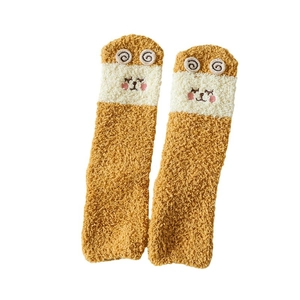 Cute yellow striped coral fleece socks with 3D ears and warm winter plush texture
