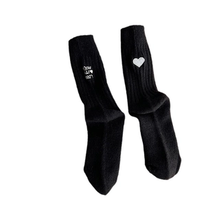 Pink heart embroidered thick warm thermal socks for women in stylish crew length style