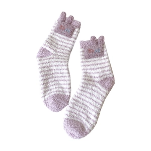 Cute purple and white striped coral fleece socks with 3D ears and Korean style label