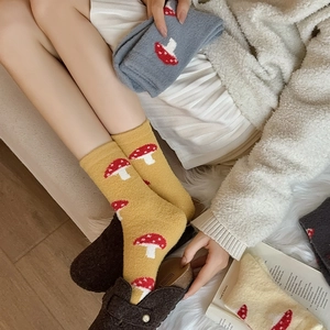 Cute mushroom pattern fuzzy coral fleece crew socks for women in blue and yellow colors