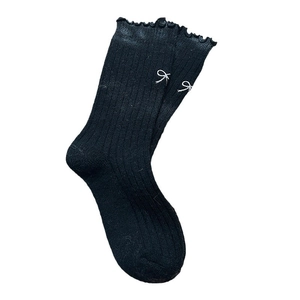 Women's black wool blend socks with cute white bow embroidery and ruffled lettuce edges