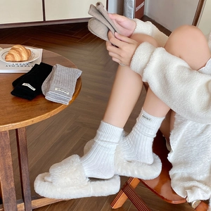 Thick warm mid-calf knit socks with letter label, available in multiple solid colors