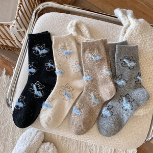 Women Japanese Sweet Wool Blend Slouch Socks Warm Winter Mid-Tube Socks With 3D Fuzzy Cat Bear Pattern Cozy Knitted Socks