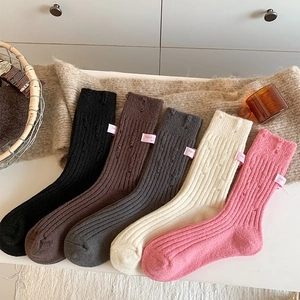 Women Cashmere Blend Slouch Socks Ribbed Knit Distressed Ripped Warm Thickened Mid Tube Fashion Socks With Decorative Label