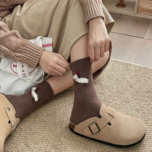Deep brown knitted crew socks with cute puppy embroidery and beige clogs style