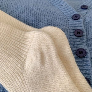 Close-up of soft velvet texture and button detail on Japanese style pile socks