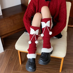 Jambières Femmes Tricot Acrylique Nœud Pompons En Peluche Style Lolita Y2K Douces