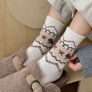 Calze di lana in stile giapponese da donna con motivi retrò di alci e fiocchi per inverno