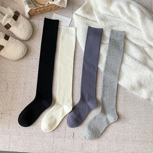 Chaussettes Hautes Femme Au-dessus Du Genou Coton Tricot Côtes Slouch Jambières Couleur Unie Respirant Tendance Style Japonais