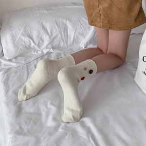 Japanese style cream knitted mid-calf socks with cute decorative velvet buttons