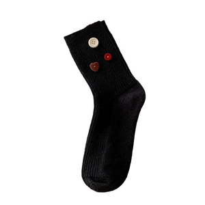 Japanese style black velvet crew socks with decorative colorful buttons for women