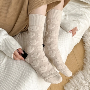 Thick knit wool socks with 3D cactus embossed pattern in warm oatmeal beige color