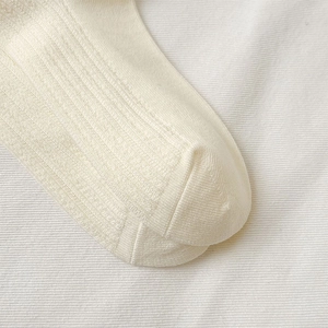 Detailed macro view of cream lace knit crew socks showing fine ribbed texture and fabric