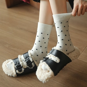 Retro burgundy polka dot wool socks with black faux fur lined buckles sandals and clogs