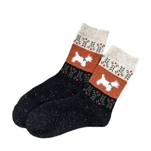 Vintage wool blend socks featuring cute dog jacquard and colorful thick knitted texture