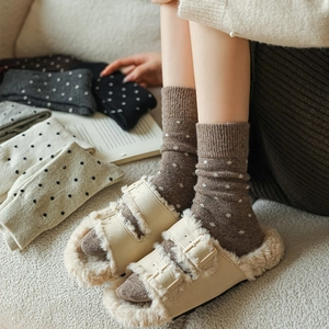 Autumn winter warm wool blend polka dot mid-calf socks with cozy fleece lined slippers