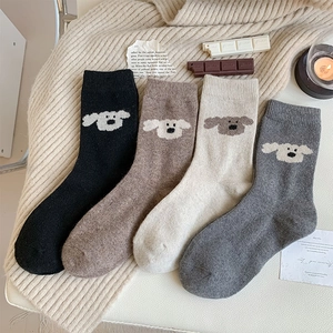 Chaussettes Slouch en Laine Épaisses et Chaudes pour Femmes Avec Motif de Chiot de Dessin Animé Couleur Unie Décontractées