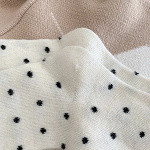 Close-up of white knit wool socks with black polka dot pattern and ribbed texture detail