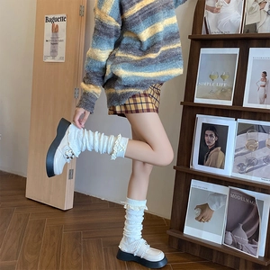 Jambières blanches en tricot de style japonais avec dentelle et chaussures Mary Jane