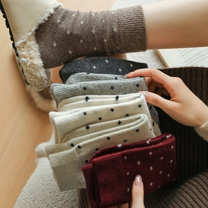 Close-up of thick polka dot wool socks in vintage colors for autumn and winter comfort