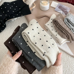 Close-up of thick wool socks with classic polka dots and soft knitted texture for winter