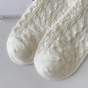 Detail von weißen Jacquard-Spitzensocken mit feinem Blumenstrickmuster und Lochmustern
