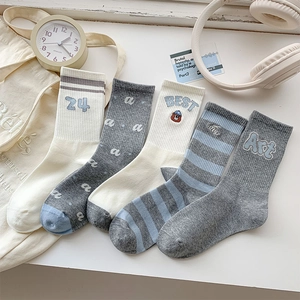 Cotton Mid-Calf Socks Letter Embroidery Bear Pattern Striped Ribbed Cuffs Japanese Academy Casual Style For Women