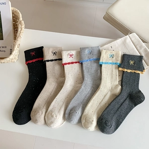 Women Mid Calf Socks Ballet Style Bow Embroidery Ruffled Edge Ribbed Knit Speckled Cotton Sweet Style Slouchy